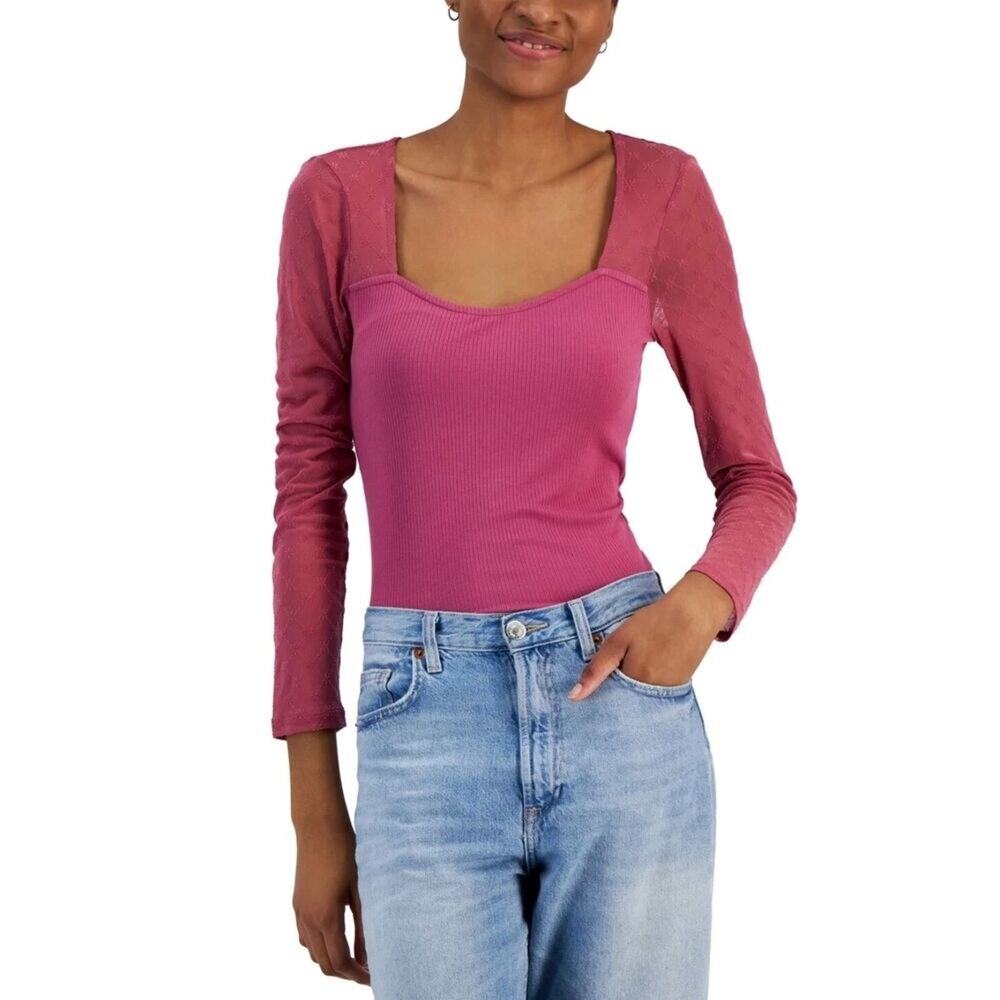 Crave Fame Womens Flocked Illusion Mesh Knit Blouse, Rose Berry, Large NWT